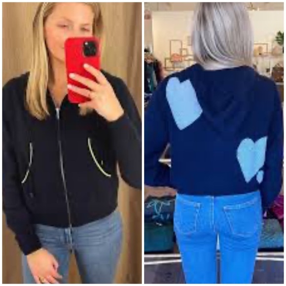 BRODIE Cashmere 100% cashmere zip up heart hoodie in Navy - Picture 2 of 9